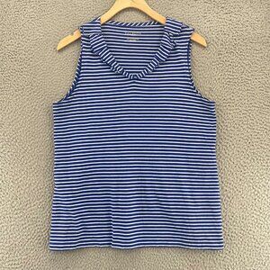 Talbots Top Womens Medium Blue Striped Sleeveless Pleated Ruffle Neck Stretch